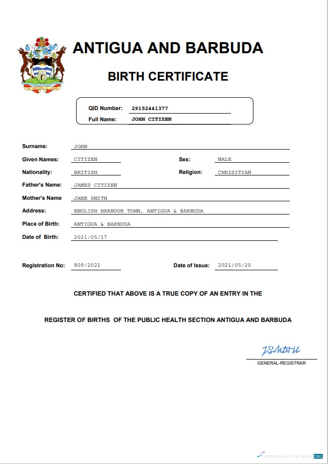 Download Antigua and Barbuda birth certificate Word and PDF template Photoshop template